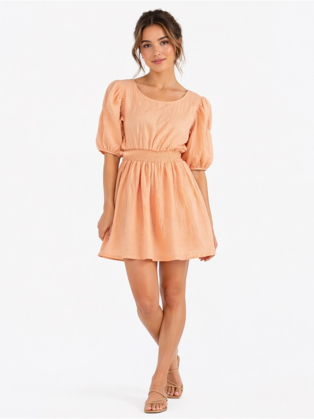 Billabong Peach Cotton Dress Women’s Small Puff Sleeve Smocked Waist Mini Boho